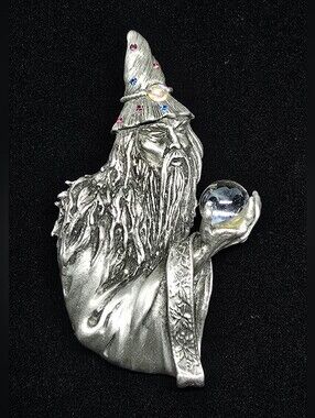 Vintage JJ Jonette Merlin Wizard  Magician Large Pewter Brooch Pin Crystal Ball